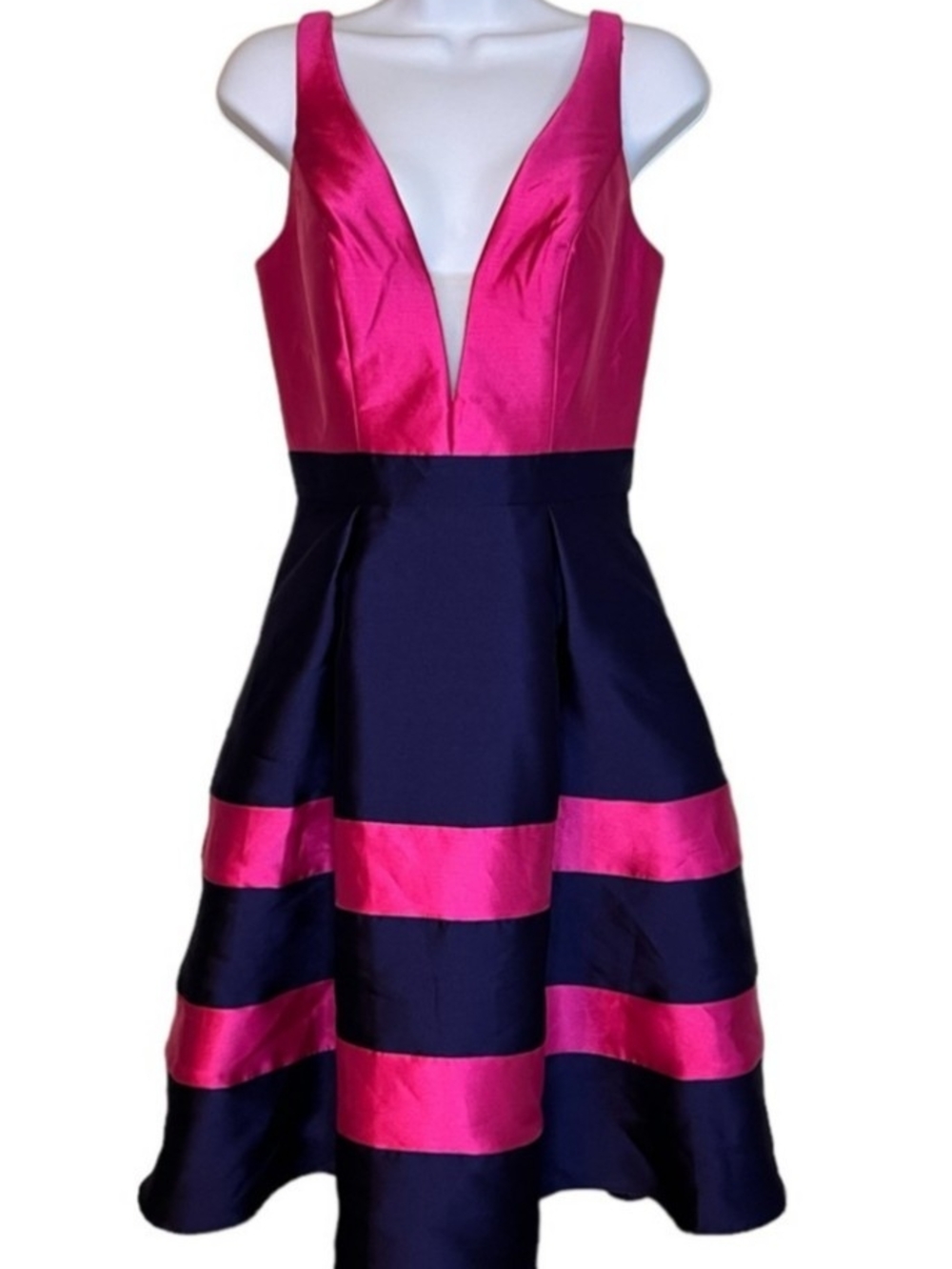 Mac Duggal Fuchsia and Navy Midi Fit-and-Flare Dress